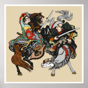 Poster Combate aos guerreiros japoneses do samurai. Arte 