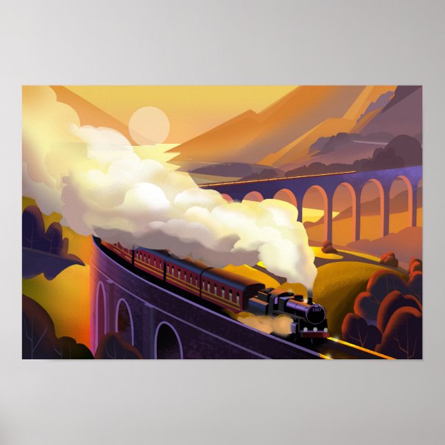 Poster Comboio a vapor que atravessa a ponte na Escócia. (Frente)