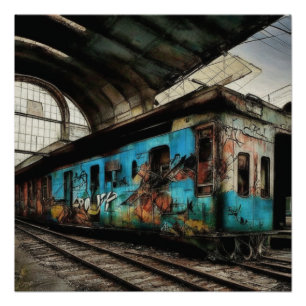 Póster Comboio abandonado com arte urbana de Grafite