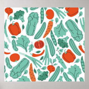Poster Comida de Cartoons Bonitos: Padrão de Vegetais Vib