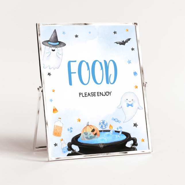 Poster Comida de Chá de fraldas de Boo-y Halloween (Blue Oh Sheet Baby Shower Food Sign)
