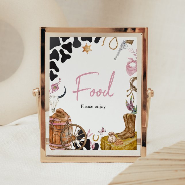 Poster Comida de Chá de fraldas de Cowgirl Ocidental (Country Cowgirl Rodeo Baby Shower Food Sign)