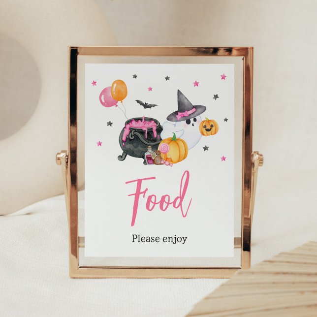 Poster Comida de Chá de fraldas de Fantasma de Menina Boo (Ghost Halloween Baby Shower Food Sign)