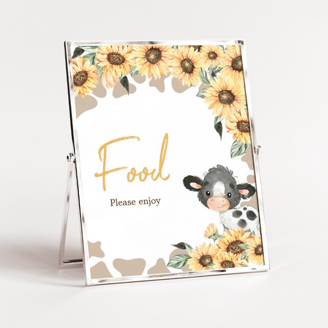 Poster Comida de Chá de fraldas de girassol sagrado (Summer Highland Cow Baby Shower Food Sign)