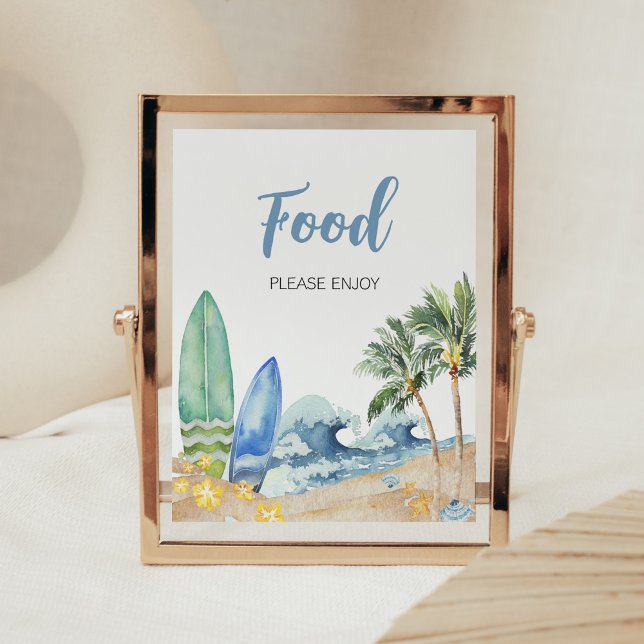 Poster Comida de Chá de fraldas de praia em Conselho (Surfing Summer Boy Baby Shower Food Sign)