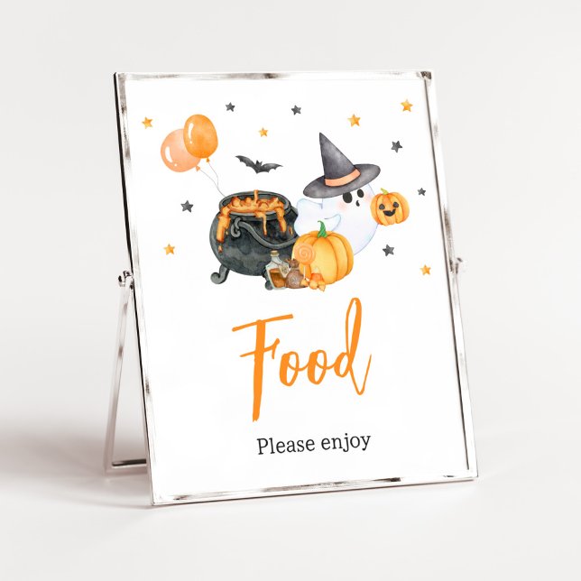 Poster Comida de Chá de fraldas Fantasma Orange Little Bo (Ghost Halloween Baby Shower Food Sign)