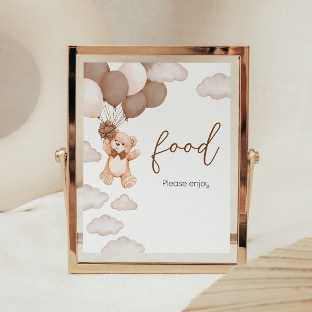 Poster Comida de Espera do Balão do Urso Castanho (Brown Baby Bear Balloon Baby Shower Food Sign)