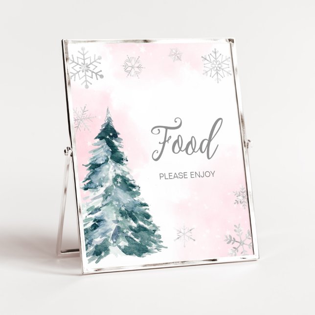 Poster Comida de inverno, cor-de-rosa, fria (Pink Silver Pine Tree Baby Shower Food Sign)