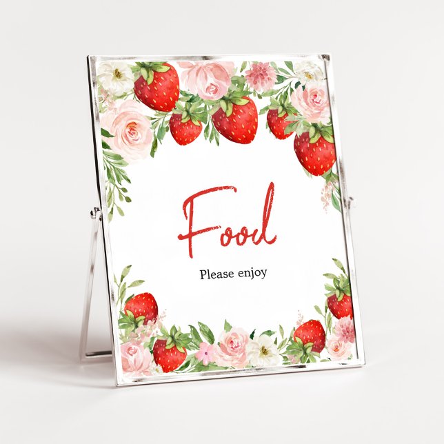 Poster Comida de morango (Pink Floral Strawberry Baby Shower Food Sign)