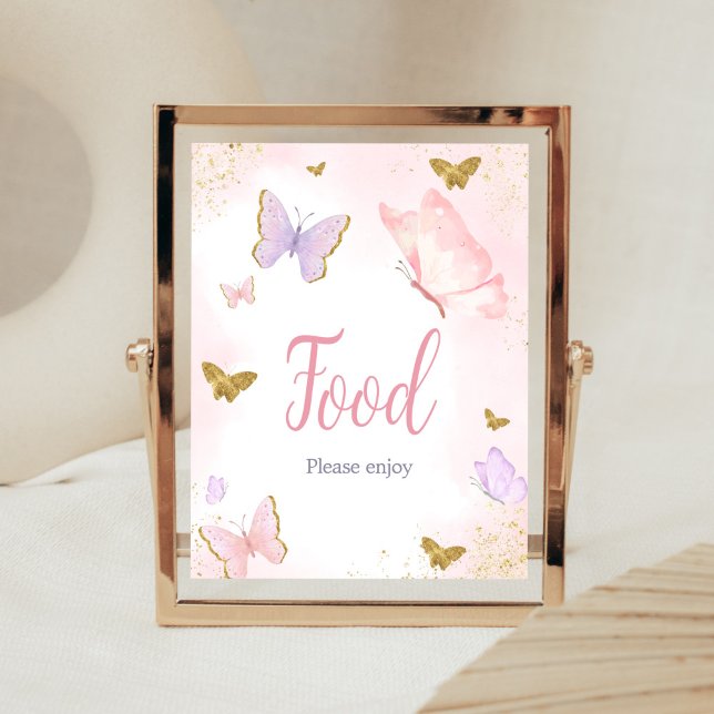 Poster Comida de Primavera de borboleta Dourada rosa (Purple Gold Butterfly Baby Shower Food Sign)