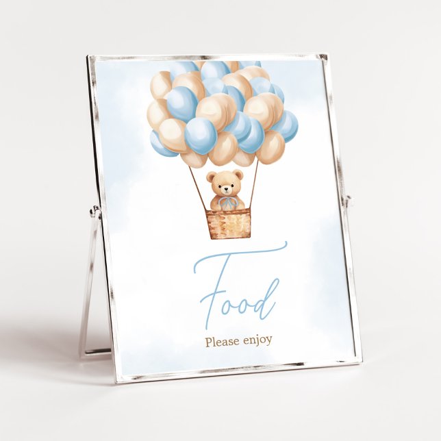 Poster Comida do balão de ar quente azul de espera brilha (Boy Baby Bear Balloons Baby Shower Food Sign)