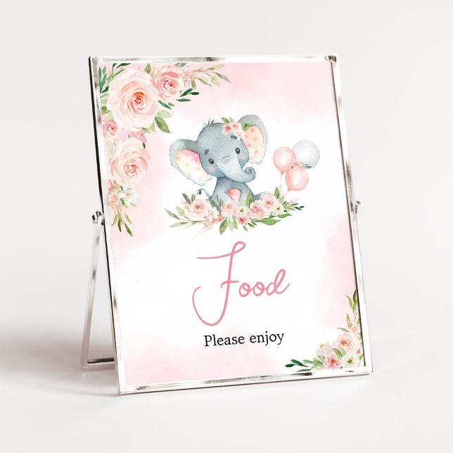 Poster Comida do Balão de Elefante Floral Rosa (Floral Balloon Elephant Baby Shower Food Sign)