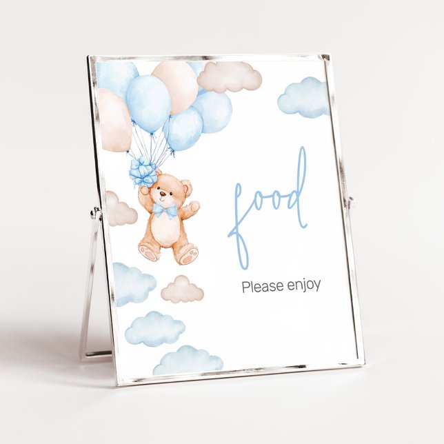 Poster Comida do Balão do Urso Azul (Blue Baby Bear Balloon Baby Shower Food Sign)