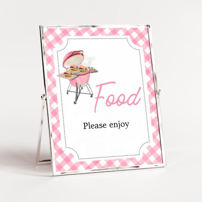 Poster Comida do Chá de fraldas do Burger Rosa (Girl Backyard BBQ Baby Shower Food Sign)