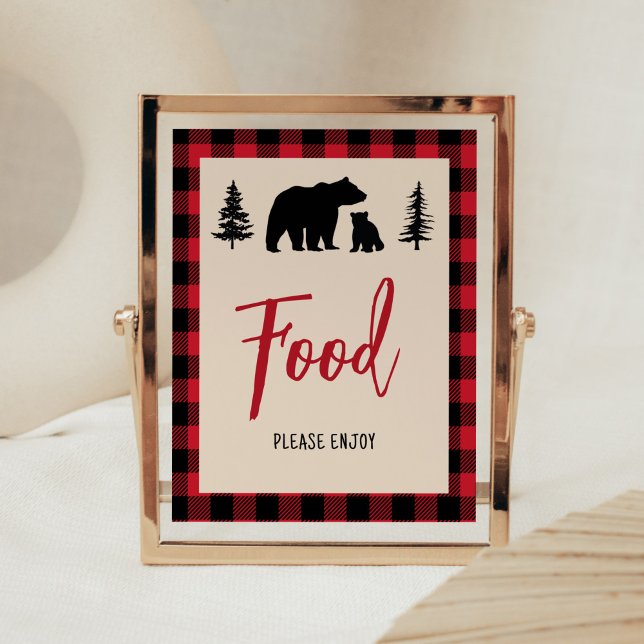 Poster Comida do Chá de fraldas do Cub do Urso xadrez (Bear Cub Plaid Lumberjack Baby Shower Food Sign)
