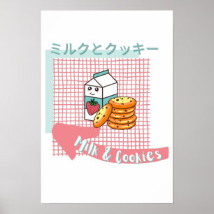 Poster comida kawaii - Leite fofo e Cookie, rosa, turques