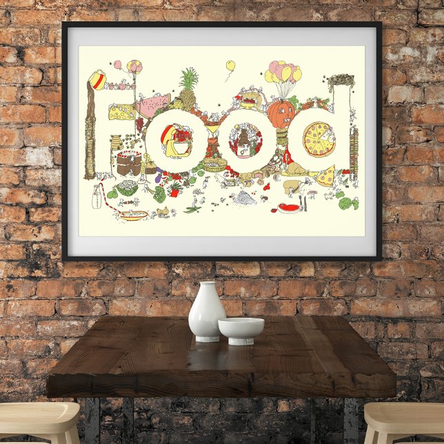 Póster Comida Palavra Arte Colorida Engraçada Fazendo Tip (Cute Food word cartoon watercolor art poster unique original artwork by artist Catherine Sweetman )