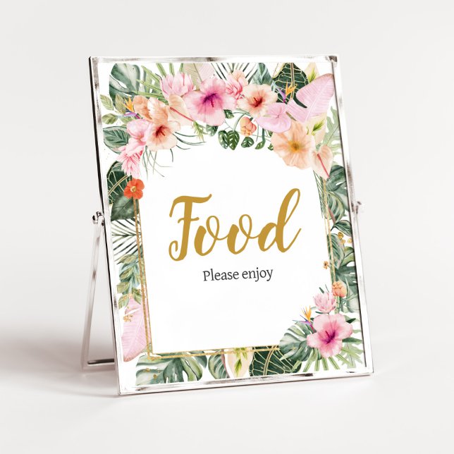 Poster Comida Tropical Floral Aloha (Girl Hawaiian Baby Shower Food Sign)