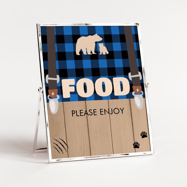 Poster Comida Xadrez Rústica Azul Lumberjack Chá de frald (Plaid Lumberjack Baby Shower Food Sign)