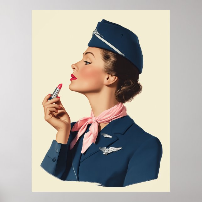 Poster Comissária de Bordo Antiga Aplicando Brilho Labial (Frente)