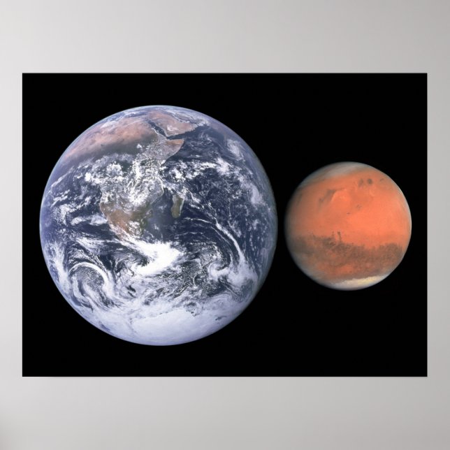 Poster Comparação do Tamanho da Terra e Marte Espaço (Frente)