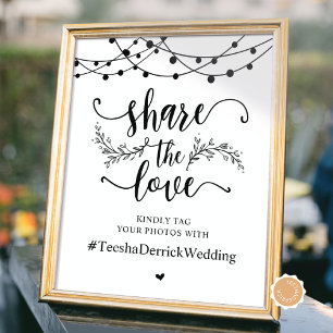 Poster Compartilhe o amor, Hashtag de casamento, preto e 