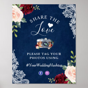 Poster Compartilhe o Marinho de Hashtag Blue Blush Floral