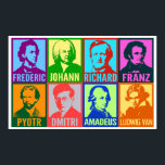 Poster Compositores de Música pop Art | Humor Brilhante<br><div class="desc">As cores brilhantes acrescentam um espírito moderno de pop a estes retratos estilizados gráficos de compositores musicais famosos. Cada retrato é desenhado com duas cores intensas diferentes e tem o primeiro nome do artista colocado abaixo em uma fonte arrojada e limpa. São apresentados oito compositores: Chopin, Bach, Wagner, Schubert, Tchaikovsky,...</div>