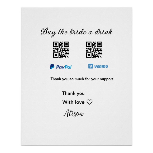 Póster Comprar a noiva doação de bebida QR Venmo PayPal (Frente)