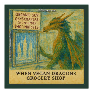 Póster Compras engraçadas de supermercado do dragão vegan