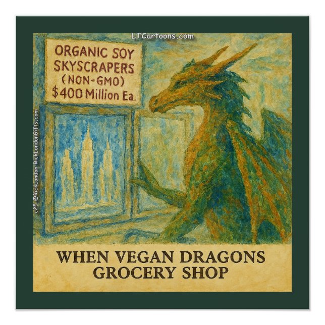 Póster Compras engraçadas de supermercado do dragão vegan (Frente)