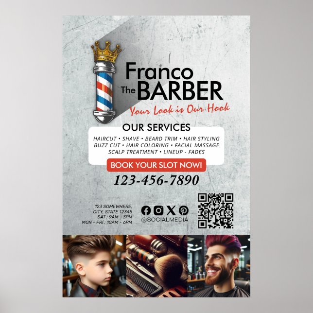 Poster Compro Barber Coroa Real Barbeiro Par Salão QR (Frente)
