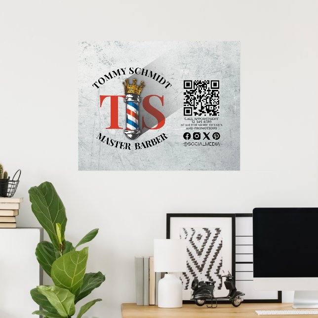 Poster Compro Barber Coroa Real Barbeiro Par Salão QR (Escritório em casa)