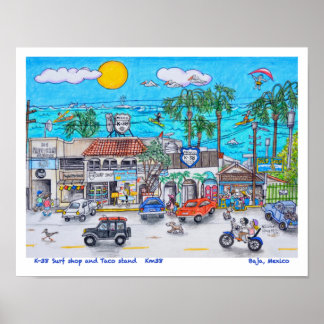 Poster Compro de Surfs K-38 e suporte de Taco, Baja, Méxi