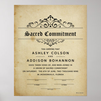Poster "Compromisso Sagrado" Certificado de Casamento Ant