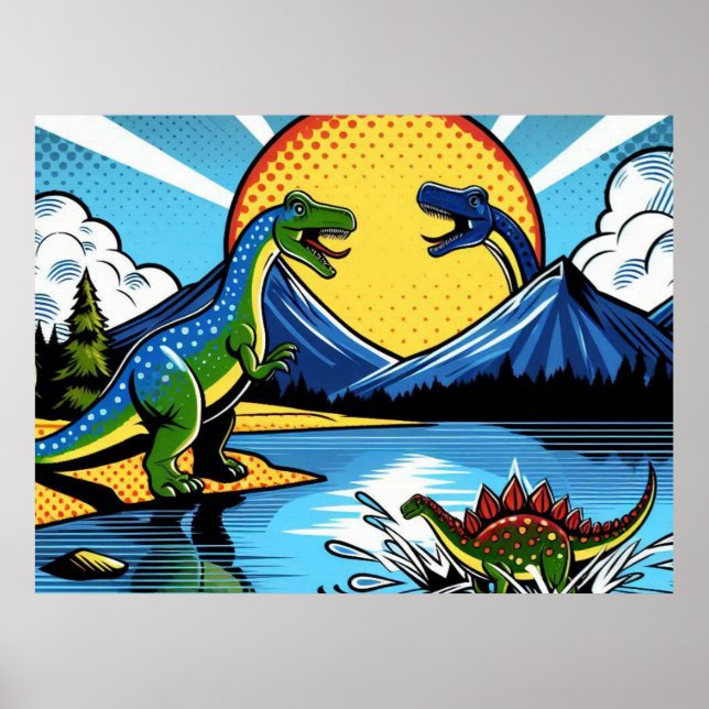 Poster con paisaje de dinosaurios (Frente)