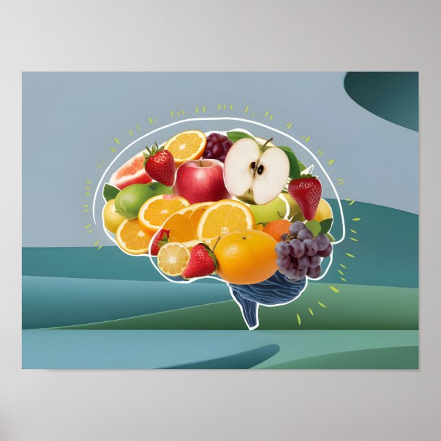 Poster Conceito de vida saudável: Cérebro com Frutas Illu (Frente)