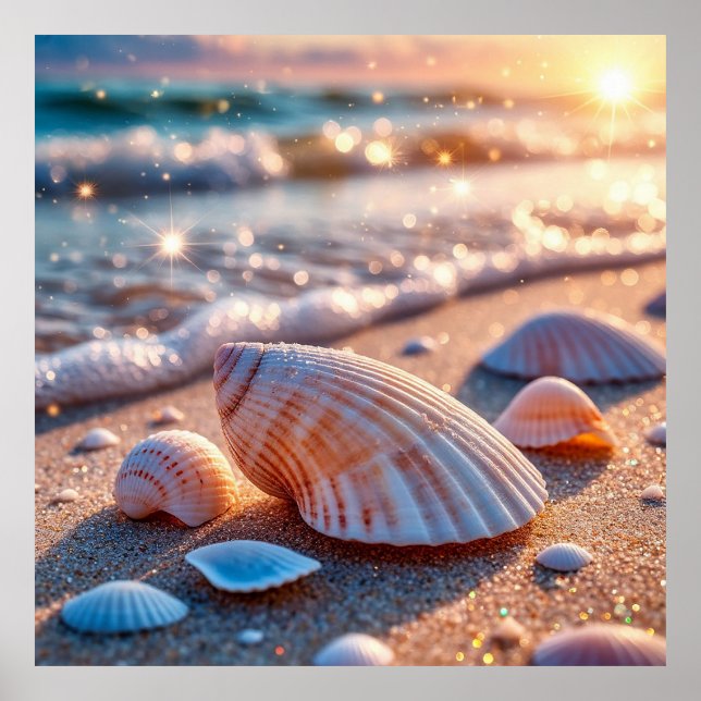Poster Conchas de Moluscos na Areia com Ondas Oceânicas R (Frente)