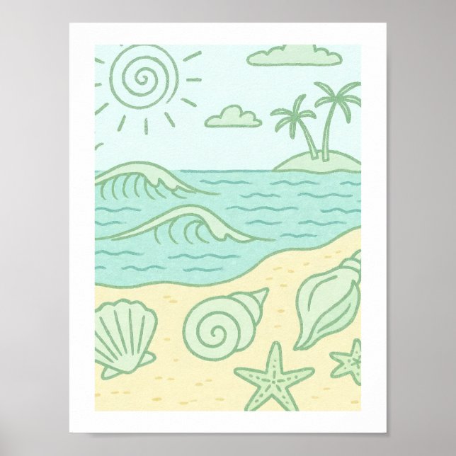 Poster Conchas de Praia Retrô Costa Tropical Oceano Sol (Frente)