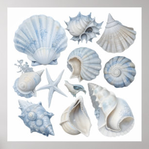 Poster Conchas em Aquarela Azul e Branco – Berçário Ocean
