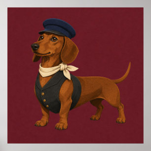 Poster Condutor de Trem Dachshund Usando Cachecol e Unifo