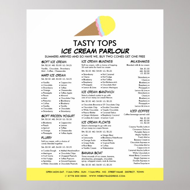 Poster Cone de Sorvete, Cardápio de Sorveteria (Frente)