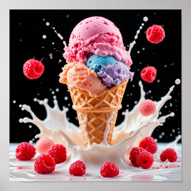 Poster Cone de Sorvete Colorido com Leite Derramando (Frente)