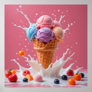 Poster Cone de Sorvete Colorido com Leite Derramando