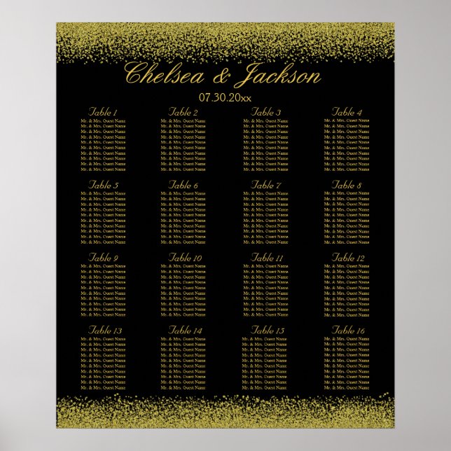 Poster Confetti Preto e Dourado - 16 Gráfico de Assentos (Frente)