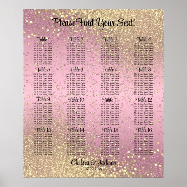 Poster Confetti rosa e Dourado - 16 Gráfico de Assentos (Frente)
