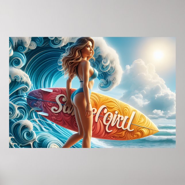 Poster Confident Surfer Girl Walking Beach Waves Art (Frente)