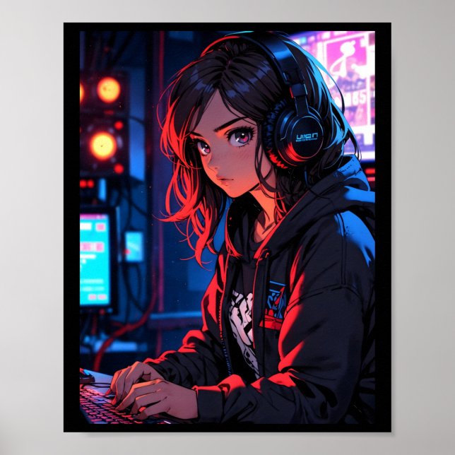 Poster Configuração de Streaming Cyberpunk de Garota Game (Frente)