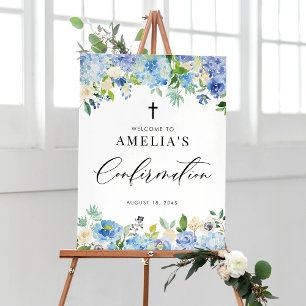 Poster Confirmação de Rosa de Aquarela Azul e Hydrangea