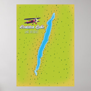 Poster Coniston Water, distrito do lago, mapa da Inglater